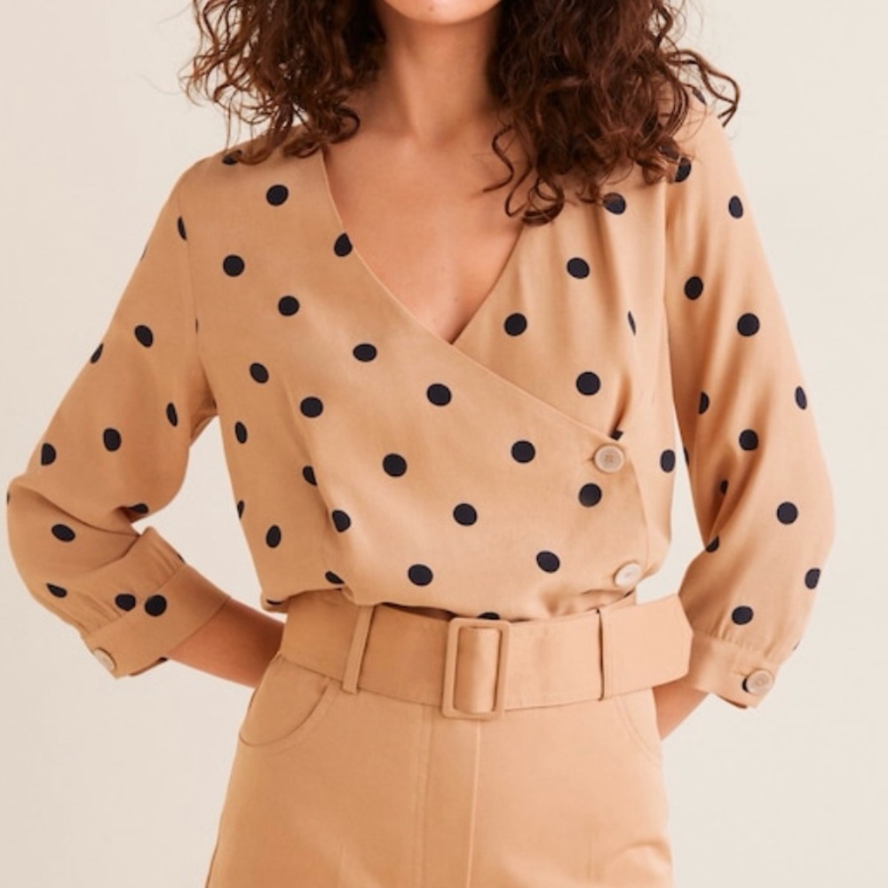 Mango MNG Tan Button Wrap Blouse with Black Polka Dots NWOT